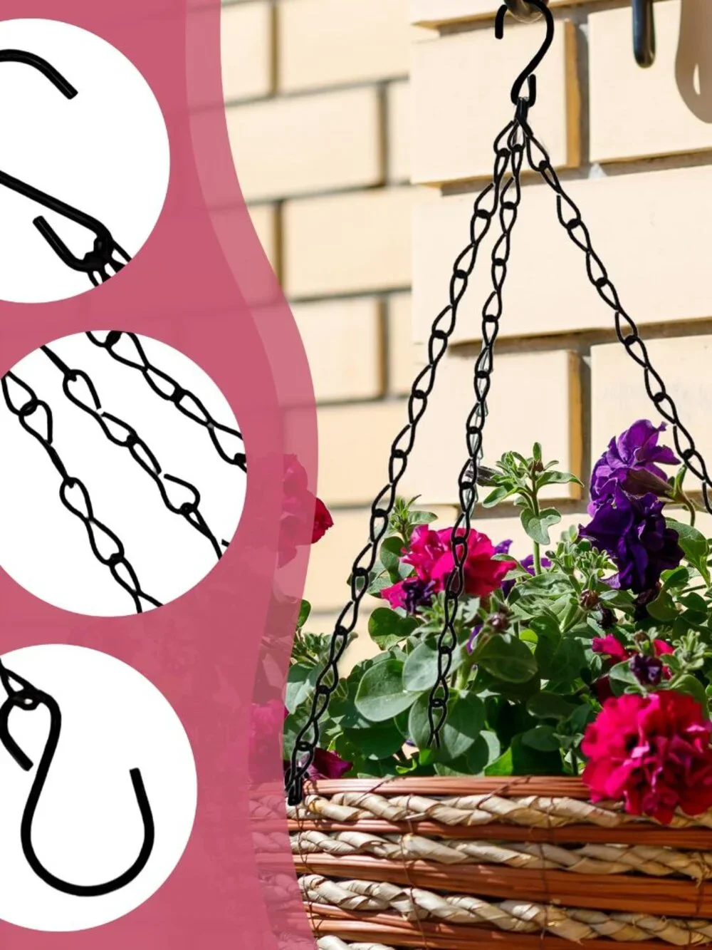 6pcs 16 Inch Hanging Basket Chains 3 Point, Black Chain with Hooks for Hanging P